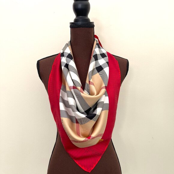 New Burberry Scarf Logo Iconic Beige Check Red Border Silk Wrap - Picture 4 of 15